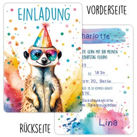 CALLUNA® Meerkat Glitter Invitation Cards Children's Birthday Girl & Boy - Pack of 12 - Funny Meerkat Birthday Invitations with Colourful Glitter Paint - Invitation for Kids and Teens (without Cases)