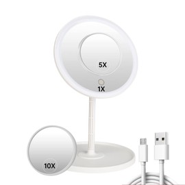 JSONPHX Espejos de maquillaje iluminados con luz de día HD, espejo de maquillaje con luz tricolor ajustable desmontable, espejo LED de maquillaje con control táctil blanco recargable, regalo 5X y 10x