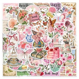 50Pcs Stickers Aesthetic Waterproof Laptop Stickers Decals for Water Bottle Vintage Scrapbook Journals Supplies Journal Planners (Retro Pink)