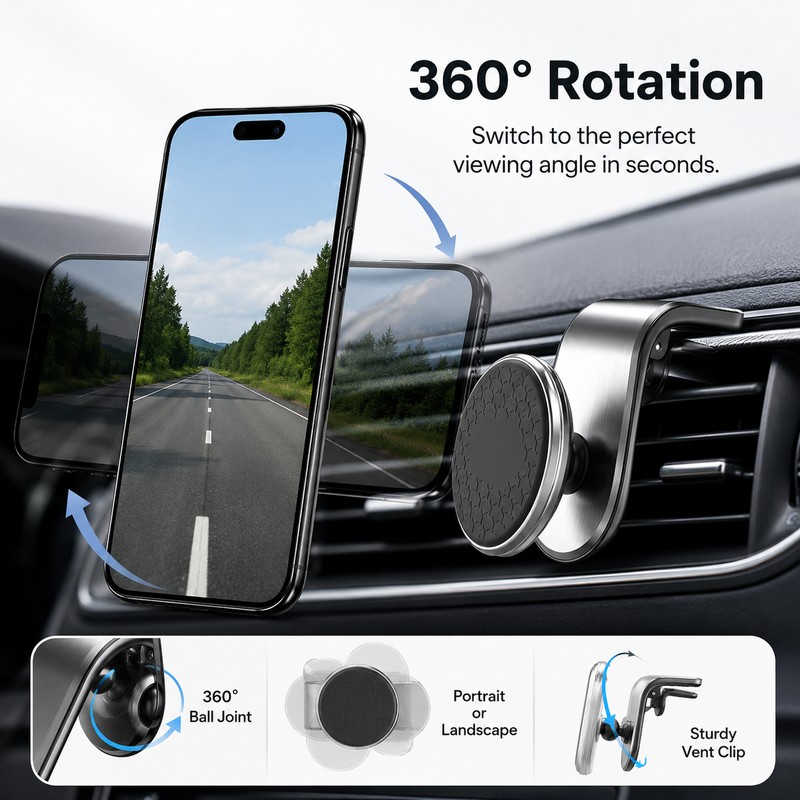 Magnetic Car Phone Holder for Air Vent – 360° Rotating