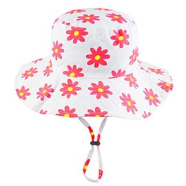 Pesci Kids Girls Bucket Hats Summer Wide Brim Sun Hat Cotton Floral Daisy (White, 2-4 Years 52cm)