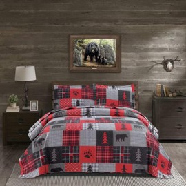 Queen Size Quilt Set Rustic Quilt Bedding Queen Quilt Bed Spread Coverlet Plaid Quilts Red Black Patchwork Bedding Country Lodge Cabin Bear Quilts Lightweight Reversible Home Quilt with 2 Pillow Shams