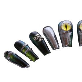 PN-021 Press-On Nails Lacquered Pack of 10 Reusable Artificial Premium Nails Reptiles Eye Metallic Silver Green