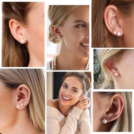 ChicSilver Women's Pair of Stud Earrings Freshwater Cultured Pearls White Silver Pearl Stud Earrings Girls Stud Earrings Set 4 mm / 6 mm / 8 mm / 10 mm for Valentine's, Silver