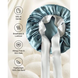 Silk Hair Bonnet for Sleeping – 100% Mulberry Silk, 22 Momme Double-Layered Cap with Adjustable Tie, Comfortable (US, Alpha, One Size, Blue + Grey)
