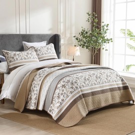 SOElinens Striped Quilt King Size - Brown Quilt Set with Matching Shams, Vintage Floral Design Farmhouse Bedding Bedspread, 3 Pieces 100% Cotton Lightweight Coverlet Home Decor for All Season