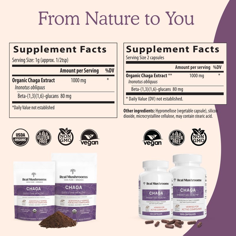 Real Mushrooms Chaga Mushroom Capsules – Organic Chaga Extract Powder