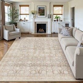 WondRg 8x10 Beige Washable Neutral Area Rug Living Room Floral Non Slip Low Pile Large Rug Vintage Traditional Stain Resistant Distressed Carpet Bedroom Dining Room Office Playroom