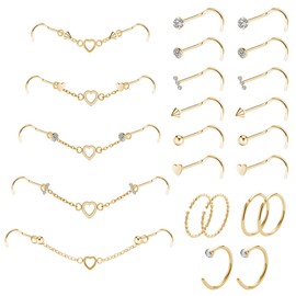 20G Nose Ring Nose Piercing Chain Stainless Steel Across Nose Nostril Jewelry with CZ Nose Hoop Bone Screw L Shaped Nose Ring Stud for Women Men High Nostril Bridge Nose Jewelry (Gold Mixed Single Heart Nose Chain Studs-1)