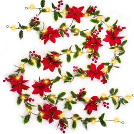 2 guirnaldas de Navidad con luces, guirnalda de 6.5 pies, decoraciones de Navidad para interiores, múltiples modos, guirnaldas de Navidad con bayas rojas, guirnalda de Navidad con pilas para chimenea,