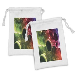 Ambesonne Psychedelic Fabric Pouch Set of 2, Space Universe Cosmos Galaxy Nebula Stars and Planets in Trippy Tones Image, Small Drawstring Bag for Toiletries Masks and Favors, 9" x 6", Magenta Green