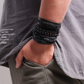 MILAKOO 10Pcs Black & Brown Leather Bracelets Set for Women Men Goth Punk Woven PU Wristband Wooden Beads Vintage Rock Cuff