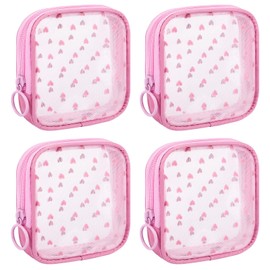 Sinzip 4 Pieces Mini Zipper Nylon Mesh Pouch, Mesh Cosmetic Bags Makeup Bags, Multipurpose Travel Toiletry Bags for Office Supplies and Travel Accessories (Heart Print-Pink, S)