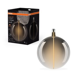Osram Vintage 1906 Big Globe is a dimmable decorative lamp with LED filament magnet technology, offering 4.8W, 1800K, E27 fitting, smoke glass, 200mm diameter, colour rendering CRI 80