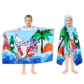 Decalsweet Hooded Towel for Kids,100% Cotton Large Children's Bath Towel, Soft & Absorbent Poncho Towel for Toddlers Boys Beach Swimming,Shark