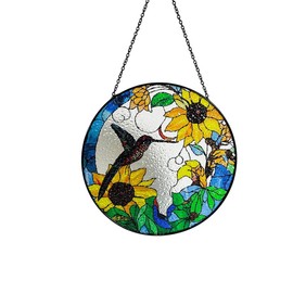 Hummingbird and Sunflowers Stained Glass Suncatcher/Window Hanging – Handcrafted Glass Art, Perfect for Home, Garden, and Gift Giving, 7.8 Inch Round Design