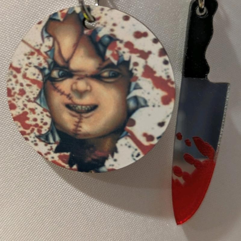 Chucky doll and knife earring set - Color: butcher knife