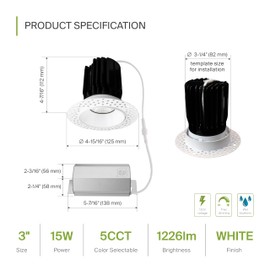 ASD Trimless 3 Inch LED Recessed Light, 15W 120V Triac Round Commercial Downlight, Canless Dimmable Lights for Ceiling with J-Box, 5 CCT 2700K-5000K, CRI 90+, IC Rated, ETL, White