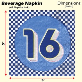 Havercamp Sixteen Blue Beverage Napkins (48 pcs.)! 48 Gender Neutral Sixteenth Birthday Napkins, 5 inch Square (folded).