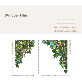 ChicSkin Stained Glass Window Film Original Hand Drawn, Static Cling Window Clings No Glue, Stained Glass Window Decorations for Home Office, Corner Green Vine Bird 56x40cm