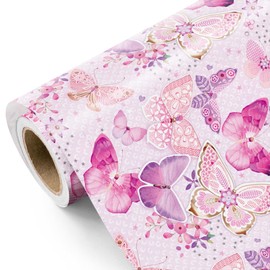 WRAPAHOLIC Pink Butterfly Wrapping Paper Roll - Mini Roll - 17 Inch x 9.8 Feet - Fantasy Butterfly Design, Perfect for Birthday, Wedding, Bridal Shower
