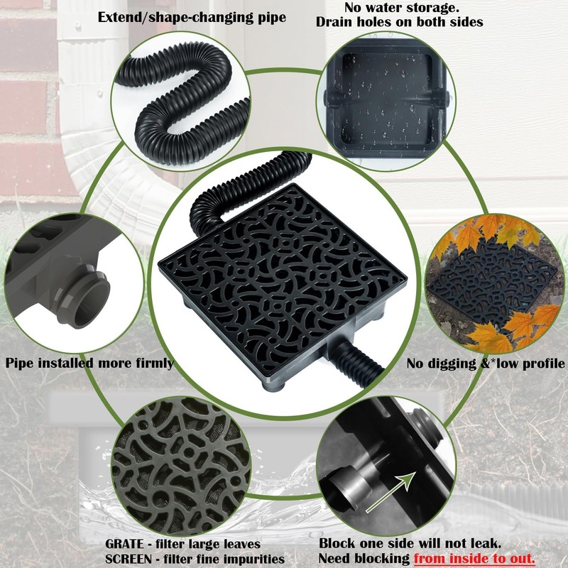 Gutter Downspout Extensions Big Kit, Catch Basin + 2pcs Pipes,
