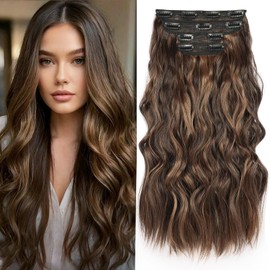 MAYSA Clip in Hair Extensions 22 Inch Long Wavy Hair Extensions 4Pcs mix Brown Synthetic Clip in Hair for Women # Brown Highlights Caramel Blonde