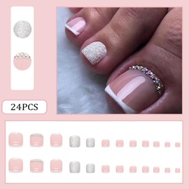 RUPOFUZA Press-on Toenails - Short Nail Press-ons with Glitter & Rhinestone Designs, White French Tip Toe Nails for Women - 24 Pcs