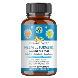 Organic Veda Neem & Turmeric Capsules with Amla Fruit, Tulsi, Holy Basil, Black Pepper Extract - Immune Support Dietary Supplement - Boosts Healthy Clear Skin & Cellular Defense - 120 Vegan Capsules