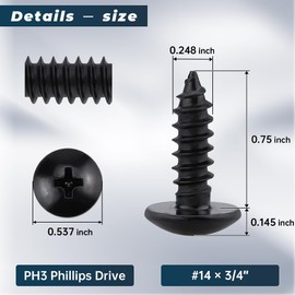 45 Pack #14 x 3/4" Black Truss Head Self Tapping Screws for Wood & Metal, 304 Stainless Steel 18/8- Indoor/Outdoor Use w/Phillips Bit
