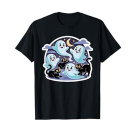 Black Cats with Cute Ghosts - Family Friendly T-Shirt