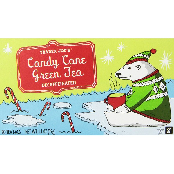 Trader Joes Candy Cane Green Tea Decaffeinated 20 Tea Bags, a Holiday Favorite with Peppermint,vanilla and Cinnamon Flavors