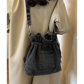 Women's Denim Canvas Tote Bucket Bag Drawstring Crossbody Shoulder Purse Vintage Shoulder Handbag Commute Travel Bag, Black, Free
