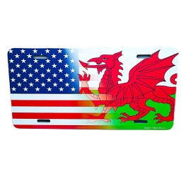 DIGIART INTERNATIONAL WELSH DRAGON WALES AMERICAN FLAG METAL CAR NOVELTY LICENSE PLATE AUTO TAG