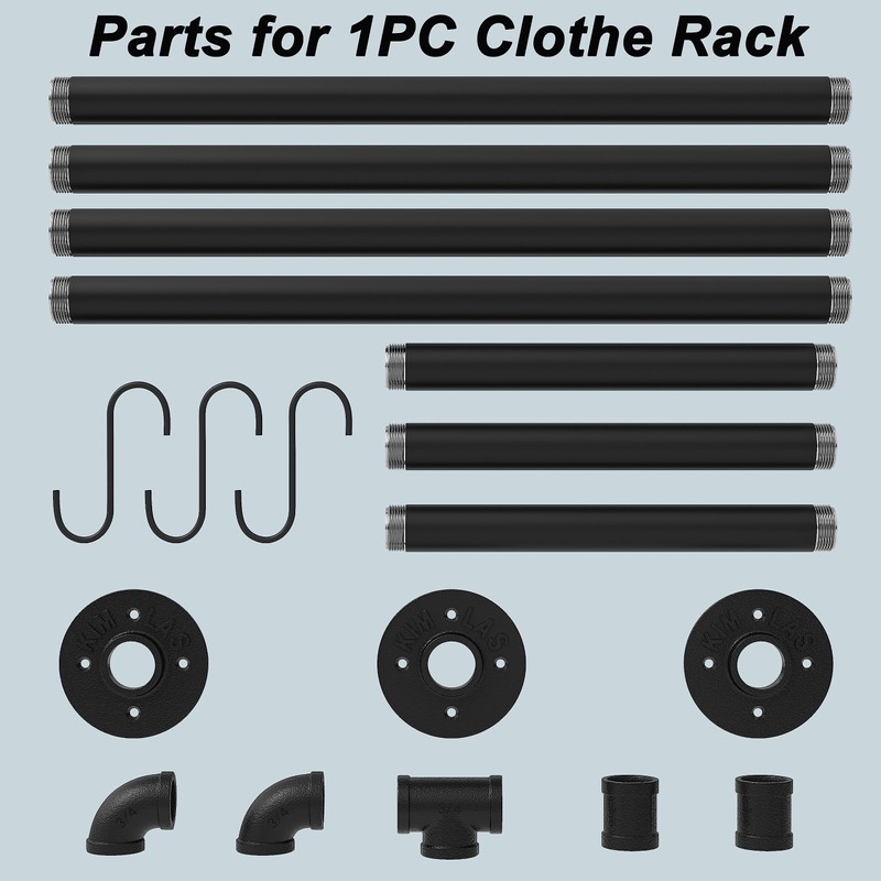 Crehomfy Industrial Pipe Clothes Rack with 3 S-shaped Hooks, 72’'L