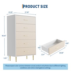White 5 Drawer Dresser, Tall Narrow Chest of Drawers, Wooden Skinny Dresser with Gold Metal Handles and Legs, Modern Storage Drawer Cabinet for Bedroom, Living Room, Entryway