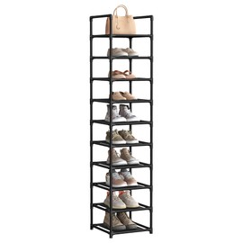 SONGMICS Shoe Rack, 10 Tier Shoe Shelf, Shoe Storage Organizer, Space-Saving, 13 x 13 x 68.1 Inches, Metal Frame, Non-Woven Fabric Shelves, for Entryway, Bedroom, Black ULSR110B02