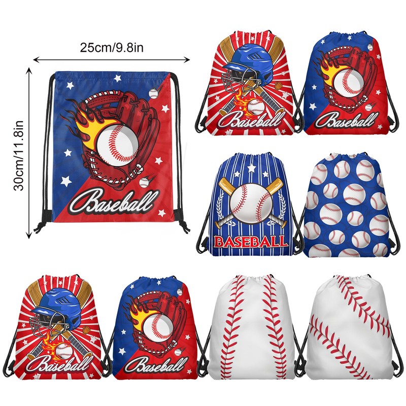 12 Pieces Baseball Themed Drawstring Non-Woven Bags, 3 Designs Sports