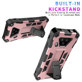 YOOBSTAR Case for Kyocera DuraForce Ultra 5G,DuraForce UW E7110 w/Tempered Glass Screen Protector(Full Cover), Shockproof Heavy Duty Dual Layer, Kickstand Holder,Work with Car Mount Rose Gold Black