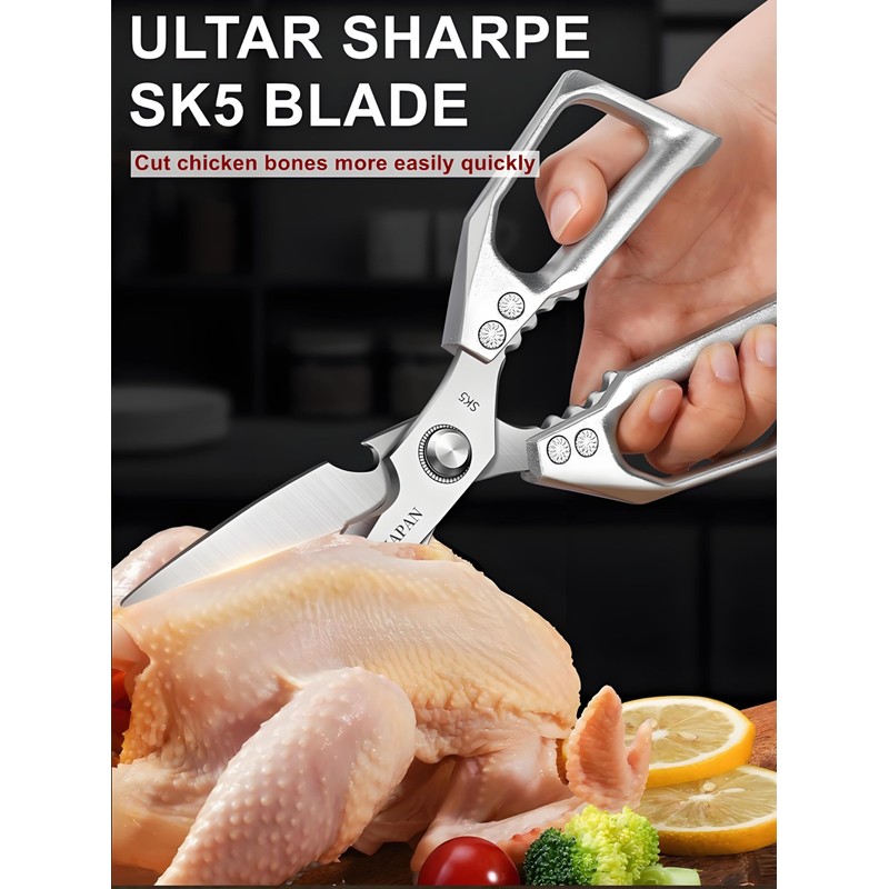 Kitchen Scissors, All Purpose，Ultra Sharp Meat Scissors，Heavy Duty Silver Cooking