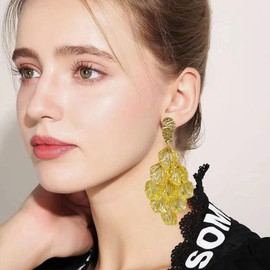 YUNXI Long Acrylic Romantic Rose Petal Dangle Earrings Exaggerated Flower Drop Statement Floral Tassel Earrings for Women Jewelry (Yellow)