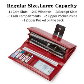 Botimmy Ladies Soft Leather Purse,Women's Large Capacity Wallet with Zipper Pocket,Multiple Card Slots and Zipper Coin Purse-Red