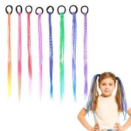 8Pcs Colored Hair Extensions for Kids, Colorful Hair Extensions with Rubber Bands, Rainbow Ponytails Braided, Crazy Hairs Day Accessories for Girls