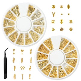 GNHG 2 Schachteln Nail Charms mit 1 Stück Pinzette, Charms Nägel, Nail Charms Gold, Charms für Nägel, Nail Art Charms, 3D Nail Art Dekoration, 3D Nail Gems für Frauen