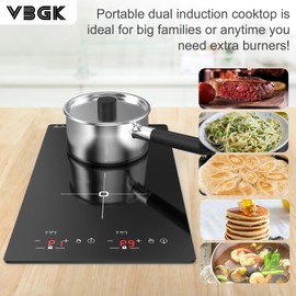 VBGK Double Induction Cooktop, 2300W 110V 2 burner Induction Cooktop with LED Touch Screen 9 Levels Settings, induction hot plate with Child Safety Lock & Timer