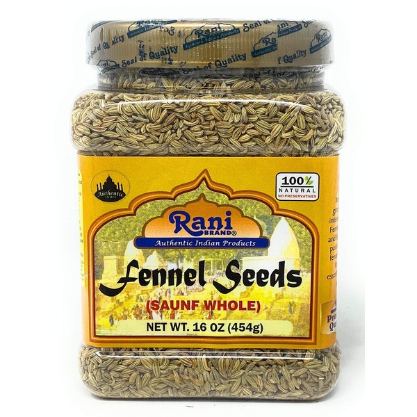 Rani Fennel Seeds (Saunf Sabut) Whole Spice 16oz (1lb) 454g PET Jar ~ All Natural | Gluten Friendly | NON-GMO | Vegan | Indian Origin