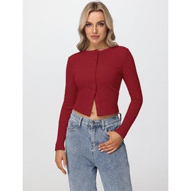 Matunana Womens Fall Long Sleeve Tops Lightweight Cardigan Cropped Sweaters Crop Going Out Shirts Ribbed Button Down Cute Y2k Trendy Outfits Fashin Clothes 2025 Red