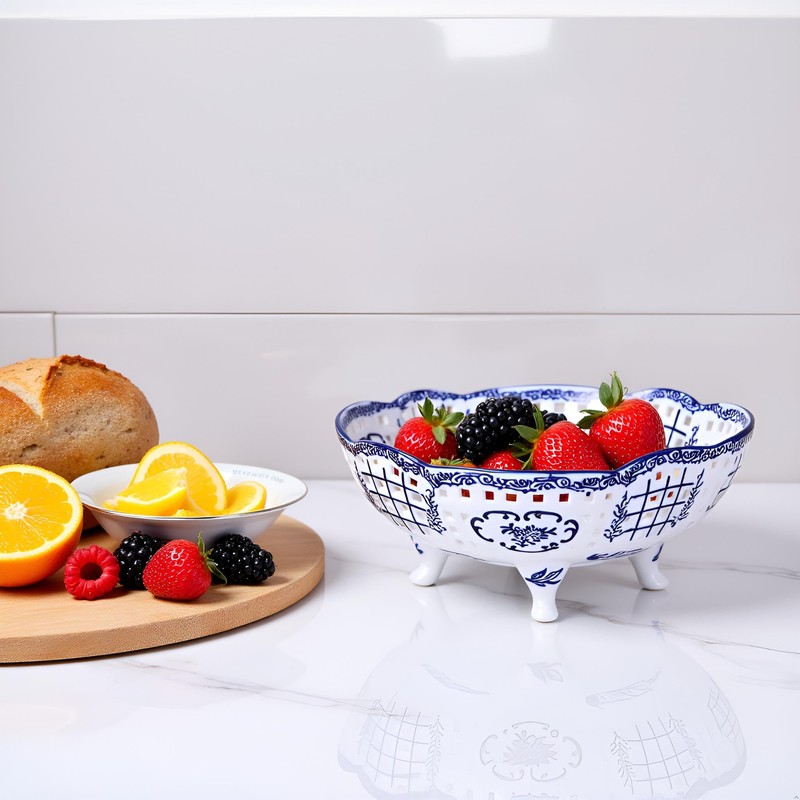 LINYTHER Ceramic Fruit Bowl With Holes, Blue And White Porcelain