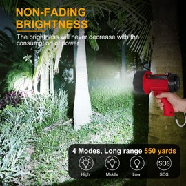 YIERBLUE Rechargeable Spotlight Flashlight with 100,000 High Lumen LED, IP67 Waterproof Long Running Spot Light searchlight, Impact Resistant Handheld Spotlight with Foldable Stand and Red Lens