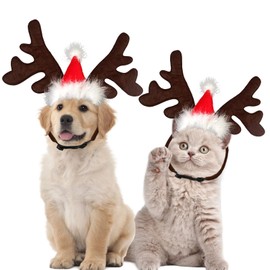 Pet Headband Christmas Reindeer Cat Dog Christmas Headband with Christmas Hat Reindeer Antlers Headband Adjustable Headband for Pet Dog Cat
